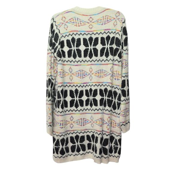 Kamana Cardigan Sweater Womens Large White Black Geometric Long Line Knit Cozy - Picture 2 of 10